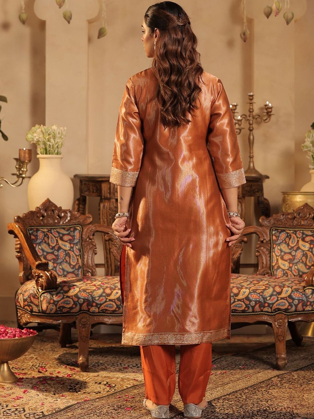 Ethnic Motifs Woven Design Round Neck Straight Kurta &Trousers With Dupatta