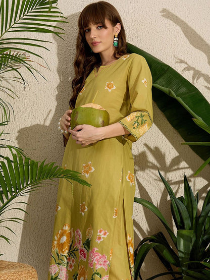 Dhiyona IE Printed Notch Neck Straight Pure Cotton Kurta With Pants