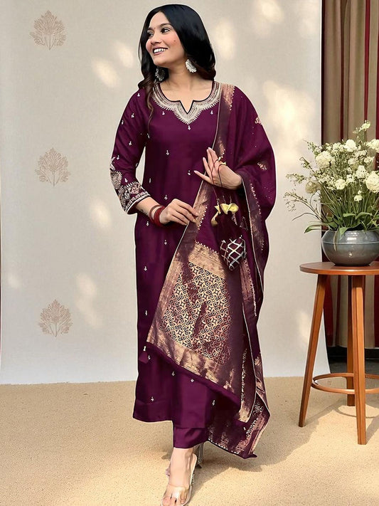 Dhiyona SN Women's Ethnic Motifs Embroidered Sequinned Straight Kurta & Pyjamas With Dupatta