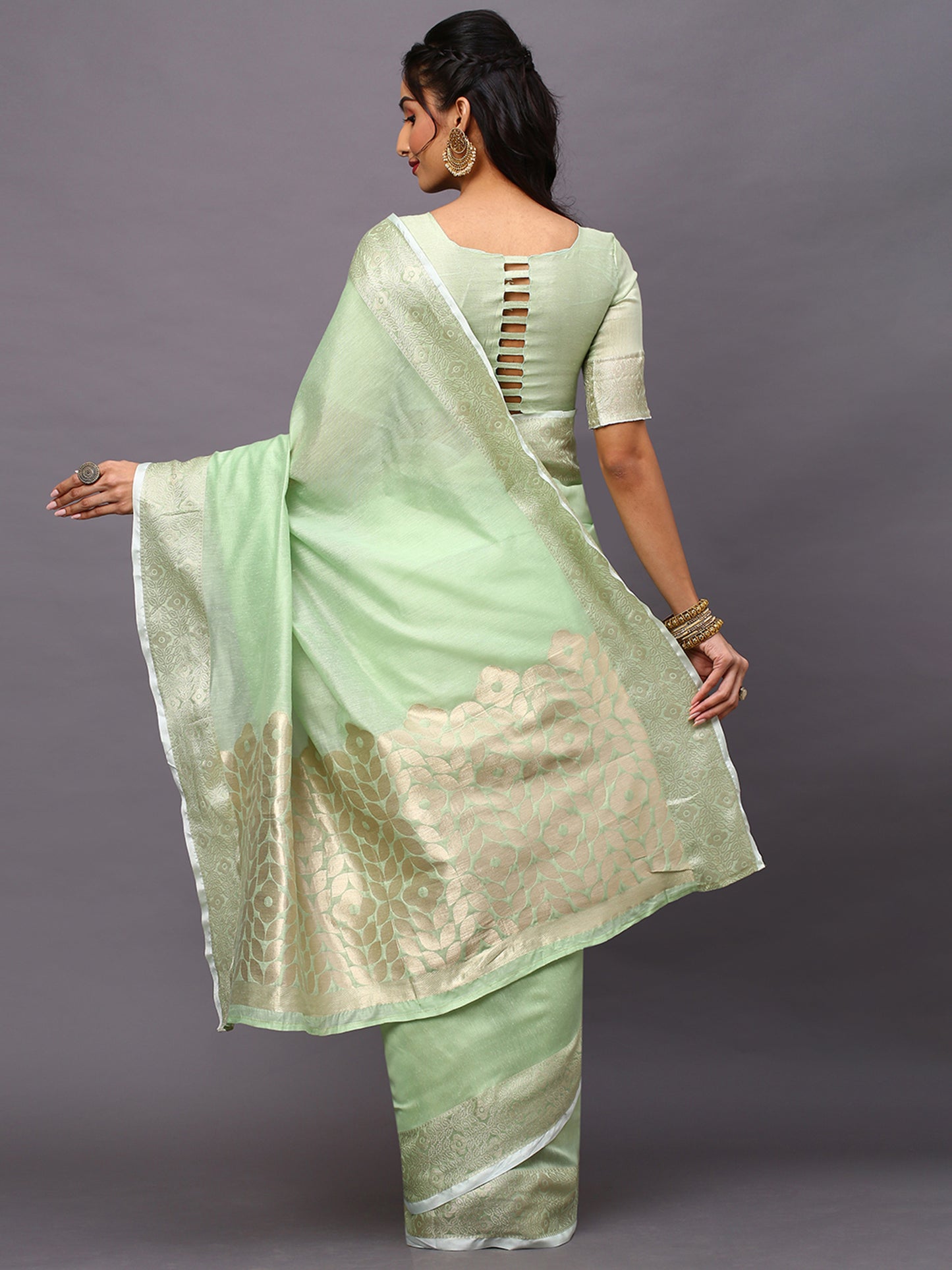 Women's Linen Blend Green Woven Design Designer Saree With Blouse Piece