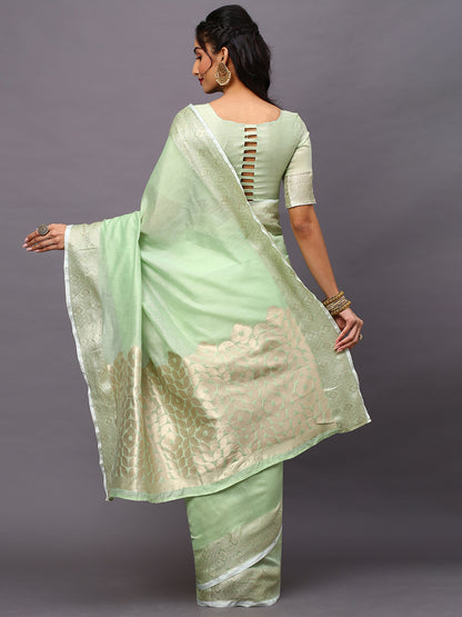 Women's Linen Blend Green Woven Design Designer Saree With Blouse Piece