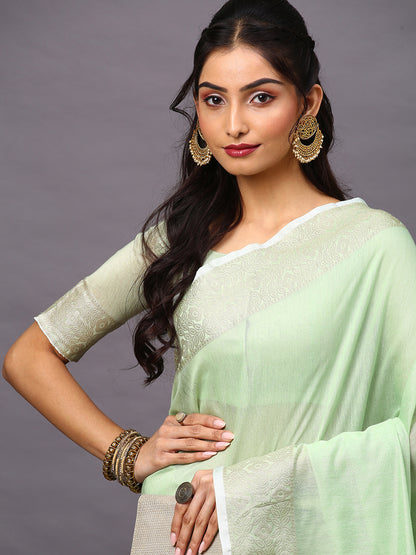 Women's Linen Blend Green Woven Design Designer Saree With Blouse Piece