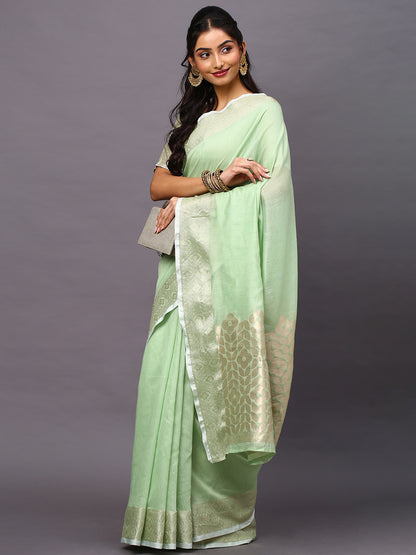 Women's Linen Blend Green Woven Design Designer Saree With Blouse Piece