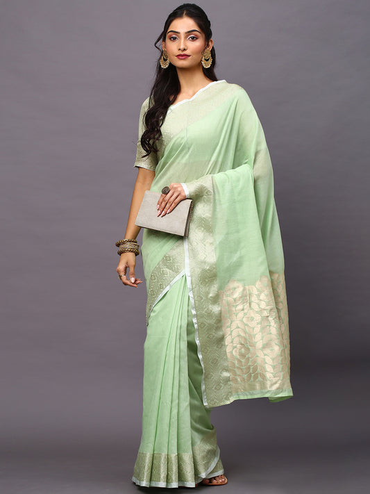 Women's Linen Blend Green Woven Design Designer Saree With Blouse Piece