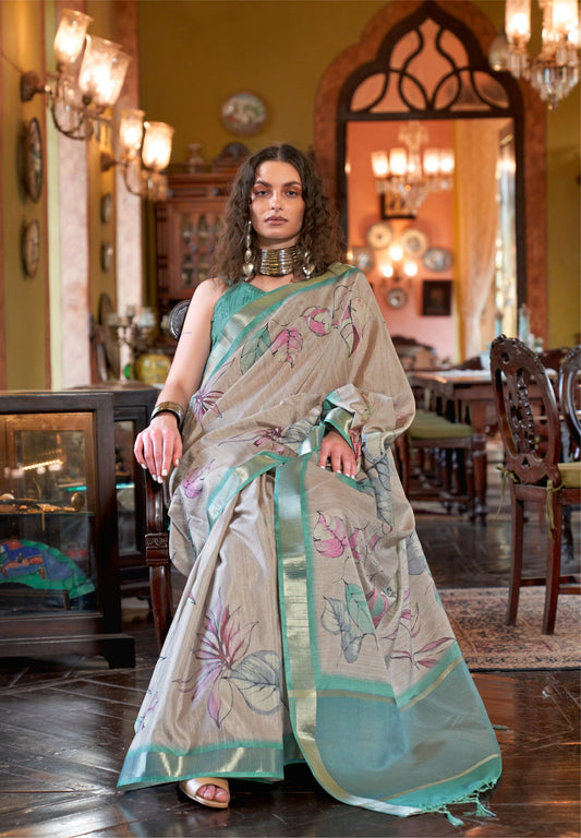 Dhiyona GR Women's Deep Sea Green & Grey Banarasi Digital Soft Silk Saree