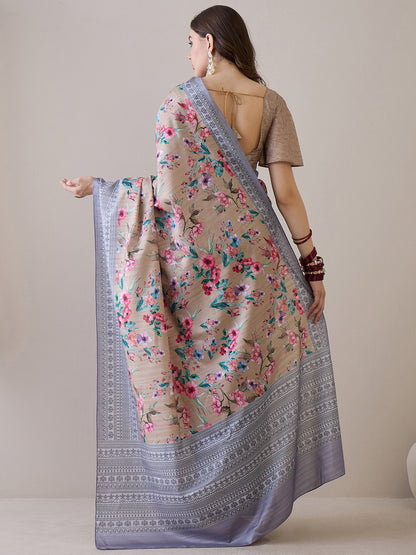 Women's Silk Blend Beige Printed Designer Saree With Blouse Piece