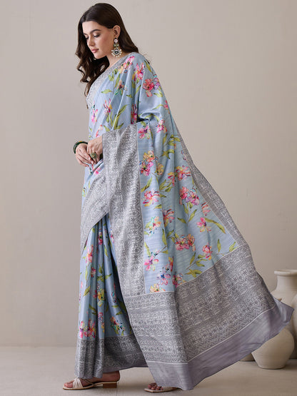Women's Silk Blend Grey Printed Designer Saree With Blouse Piece
