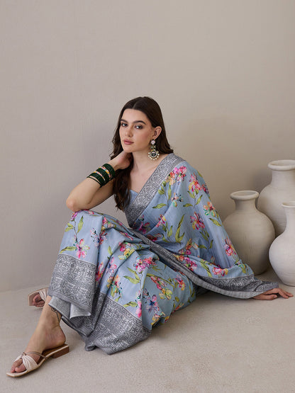 Women's Silk Blend Grey Printed Designer Saree With Blouse Piece