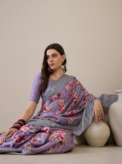 Women's Silk Blend Lavendar Printed Designer Saree With Blouse Piece