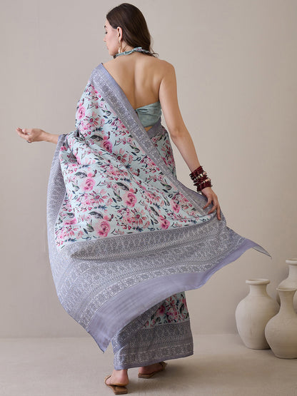 Women's Silk Blend Turquoise Blue Printed Designer Saree With Blouse Piece