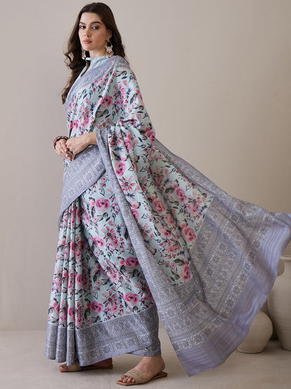 Women's Silk Blend Turquoise Blue Printed Designer Saree With Blouse Piece