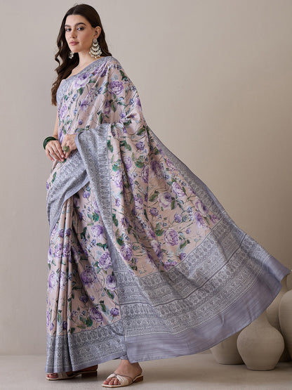Women's Silk Blend Beige Printed Designer Saree With Blouse Piece