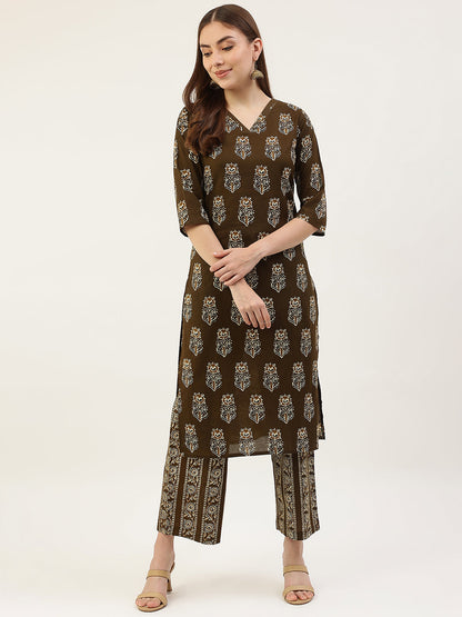 Women's Mahendi Green Pure Cotton Kurta with Palazzo Pant