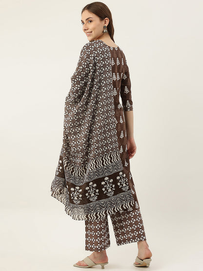 Women's Brown Straight Cotton Kurta With Palazzo And Dupatta