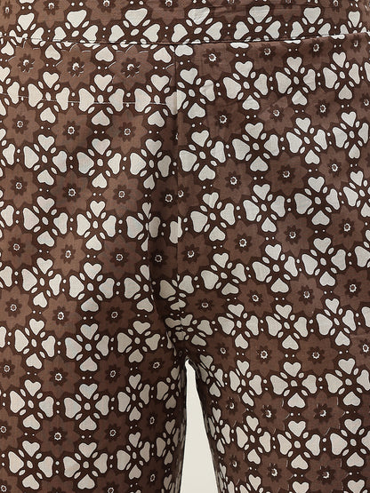 Women's Brown Straight Cotton Kurta With Palazzo And Dupatta