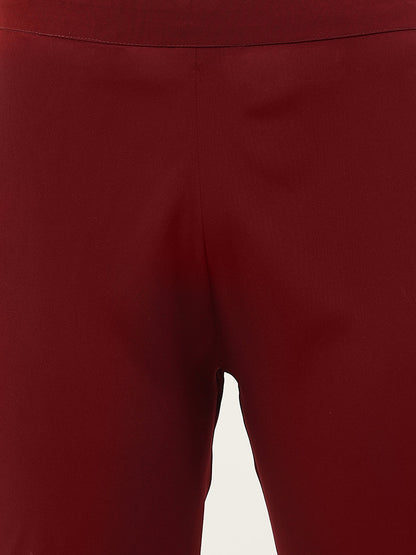 Women's Maroon Poly Crepe Straight Kurta with Pant and Dupatta