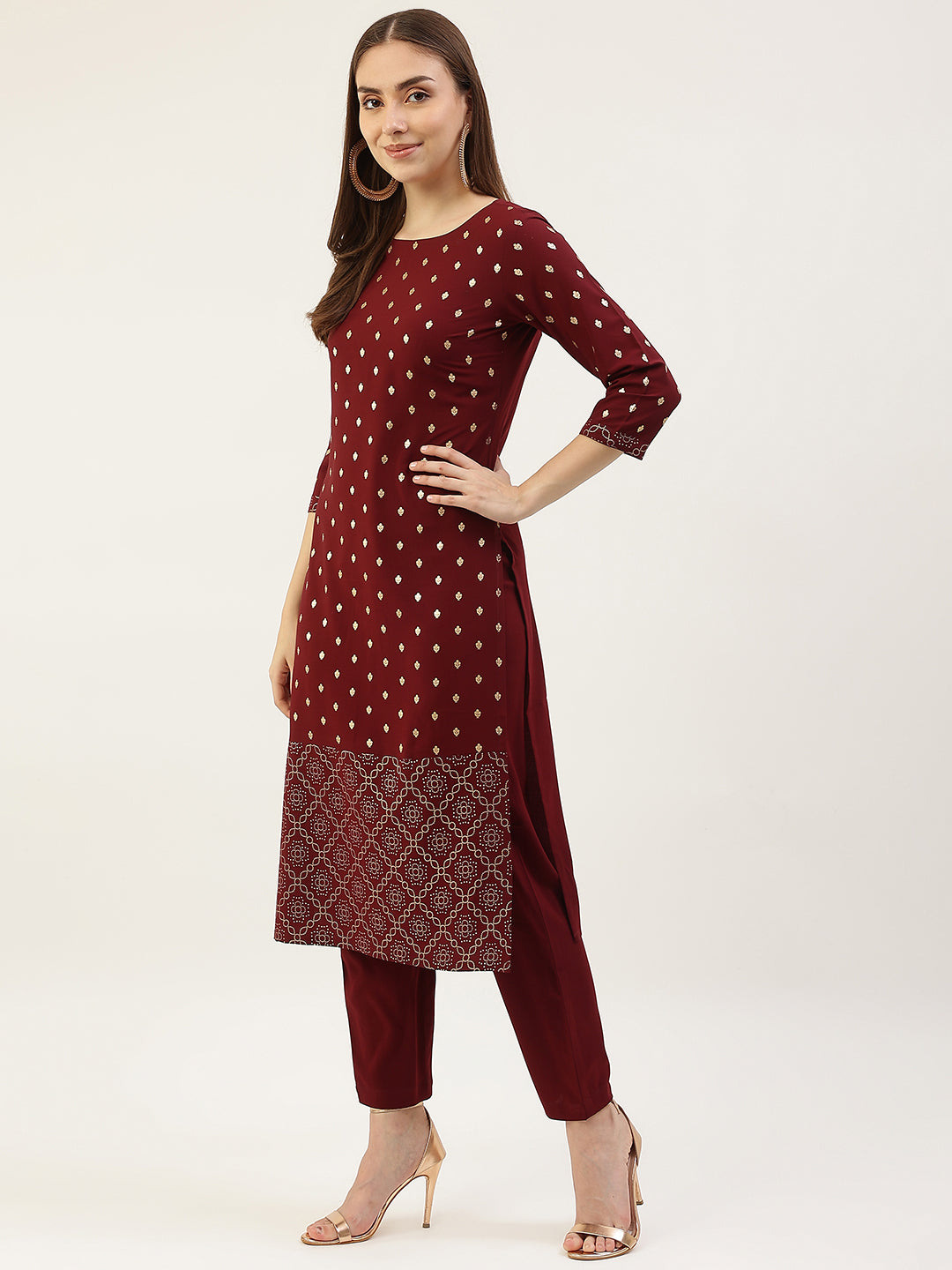 Women's Maroon Poly Crepe Straight Kurta with Pant and Dupatta