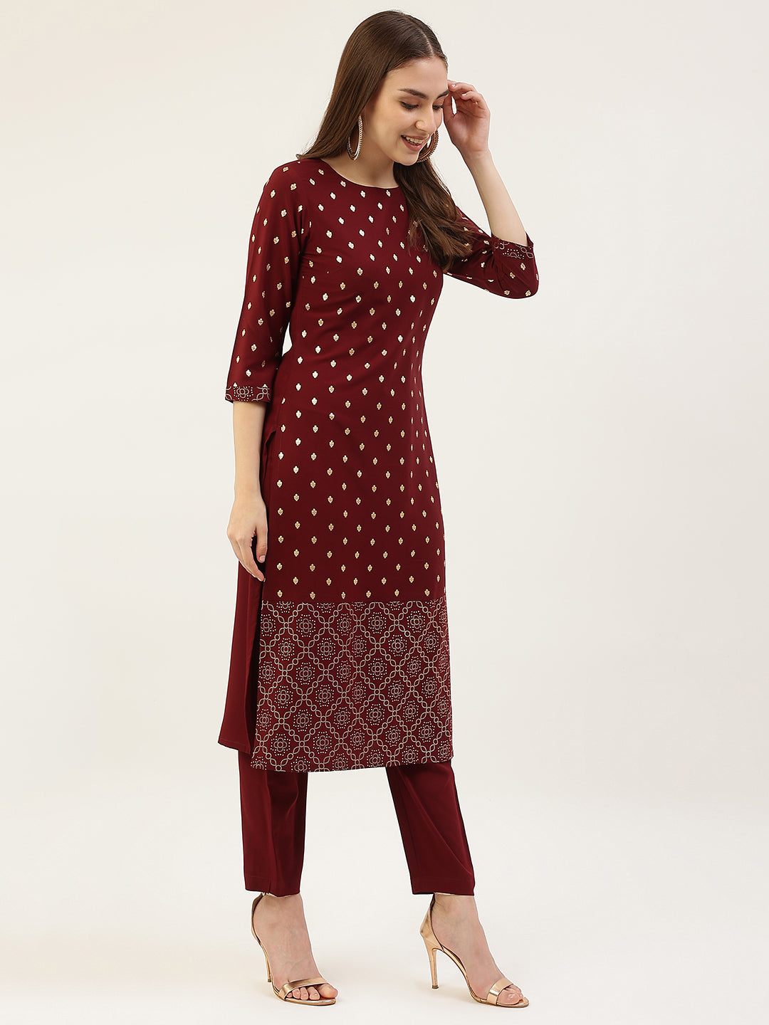 Women's Maroon Poly Crepe Straight Kurta with Pant and Dupatta