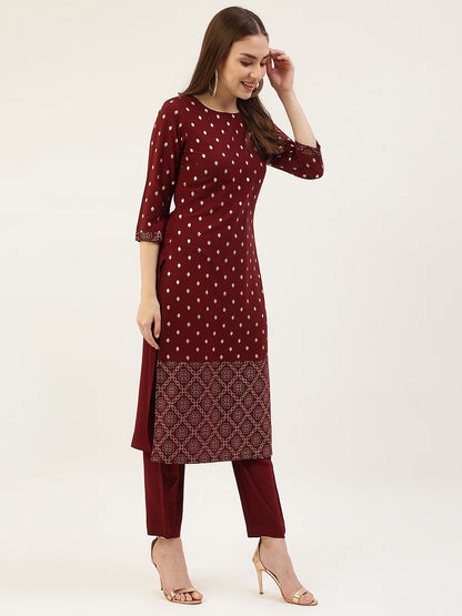 Women's Maroon Poly Crepe Straight Kurta with Pant and Dupatta