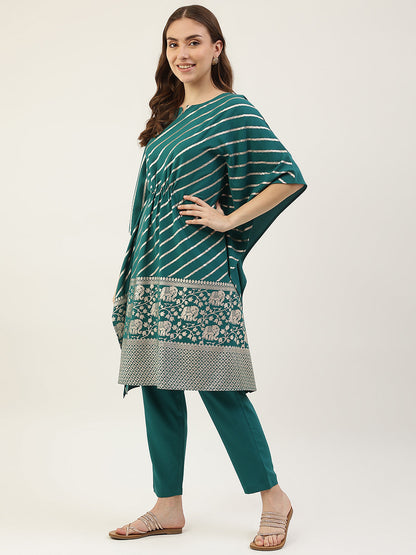 Women's Teal Blue Poly Crepe Kaftan Kurta with Pant