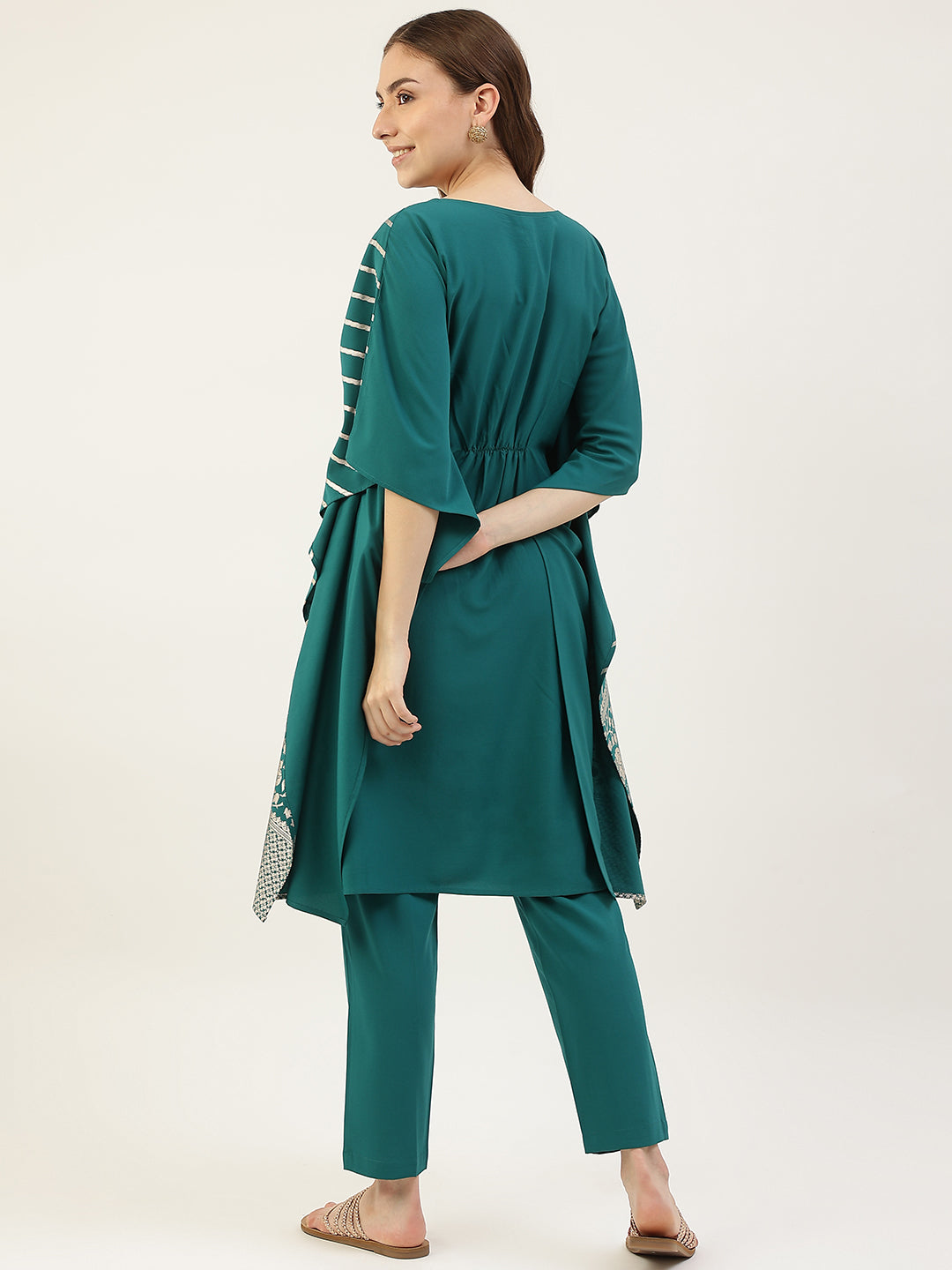 Women's Teal Blue Poly Crepe Kaftan Kurta with Pant