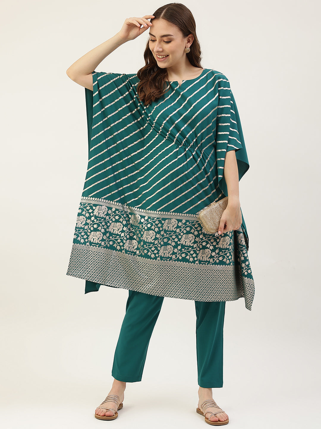 Women's Teal Blue Poly Crepe Kaftan Kurta with Pant