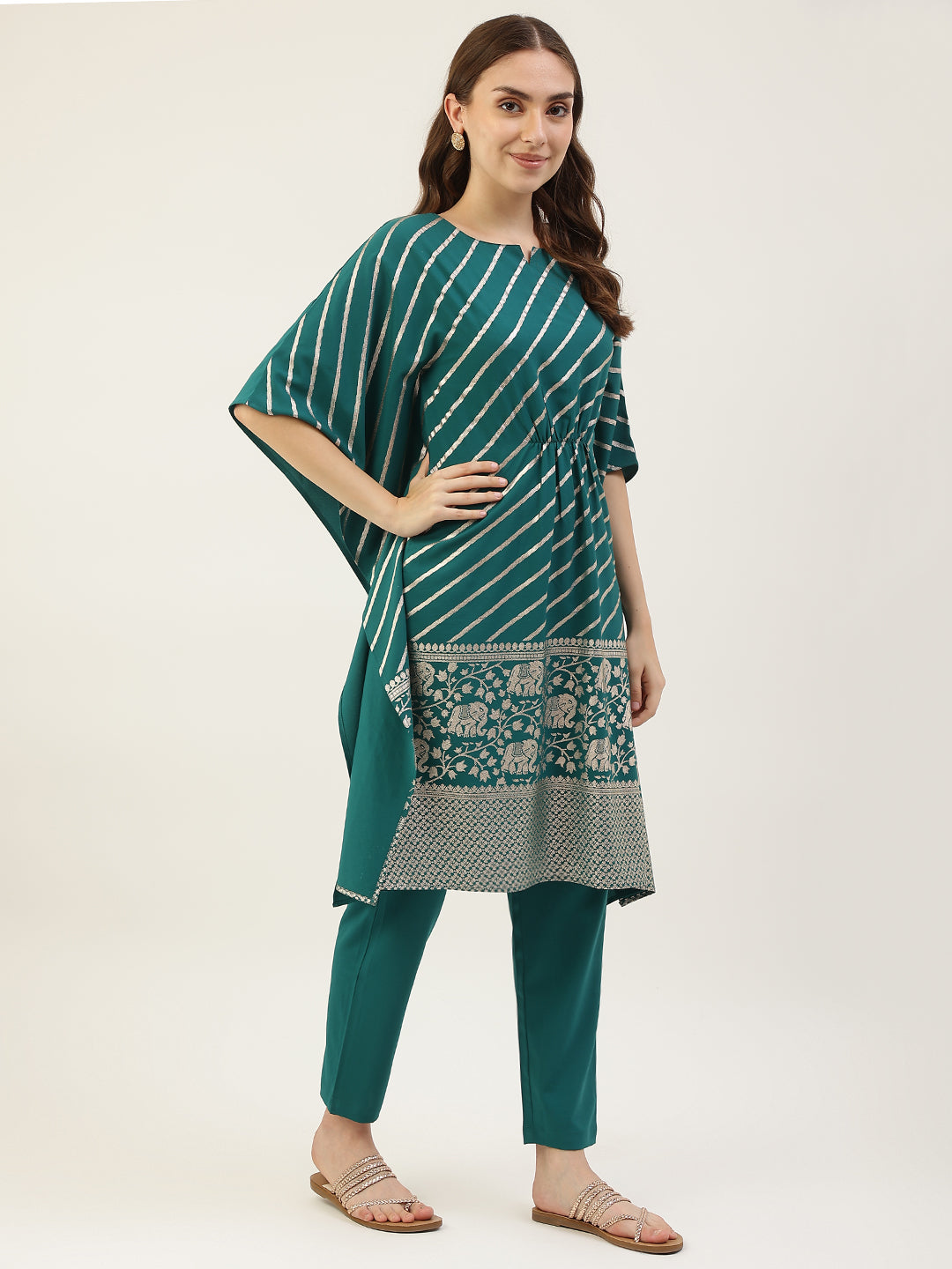 Women's Teal Blue Poly Crepe Kaftan Kurta with Pant