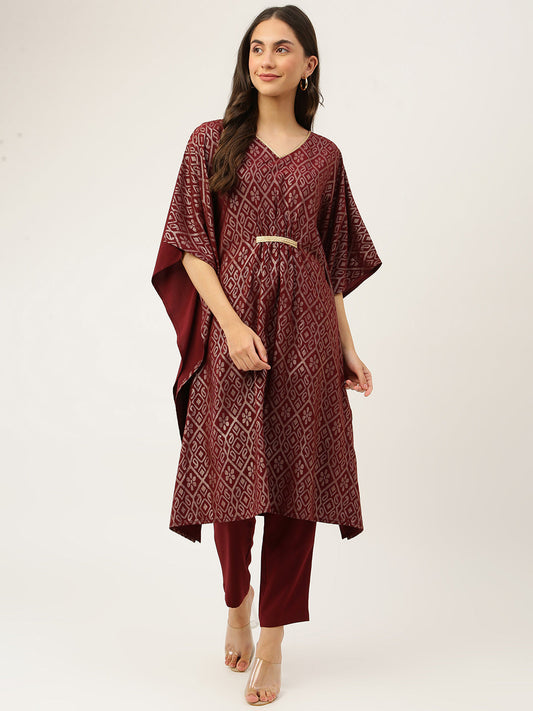 Women's Maroon Poly Crepe Kaftan Kurta with Pant