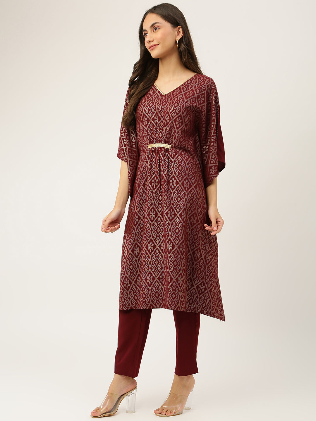 Women's Maroon Poly Crepe Kaftan Kurta with Pant