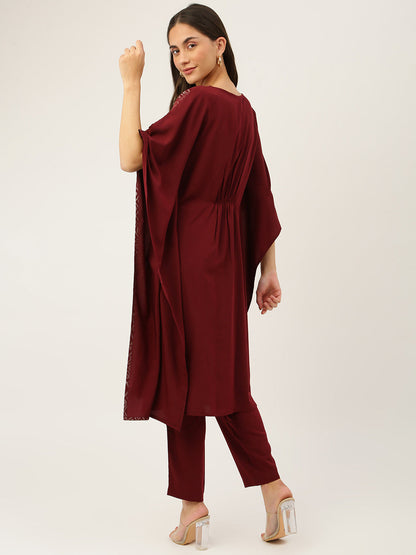 Women's Maroon Poly Crepe Kaftan Kurta with Pant