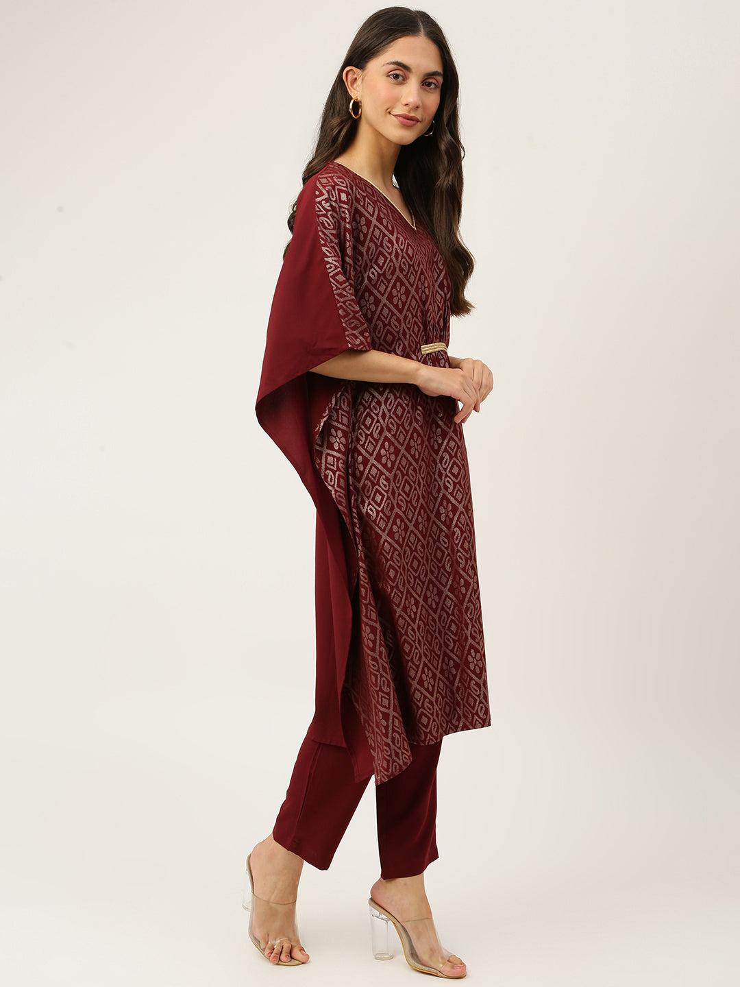 Women's Maroon Poly Crepe Kaftan Kurta with Pant