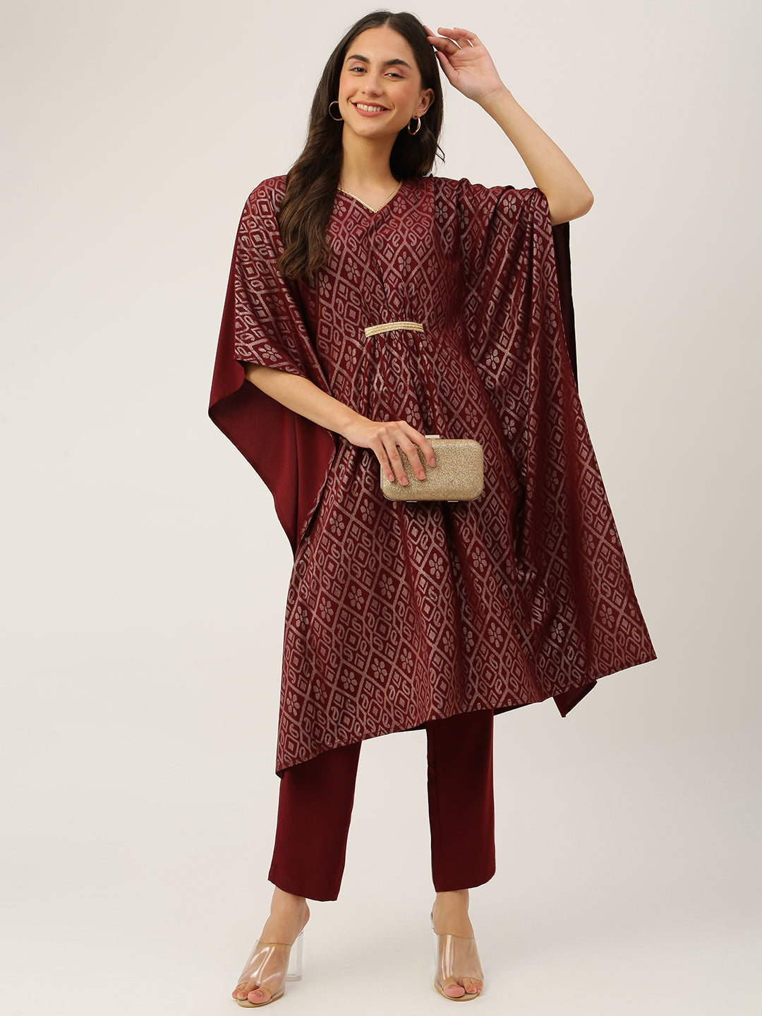 Women's Maroon Poly Crepe Kaftan Kurta with Pant