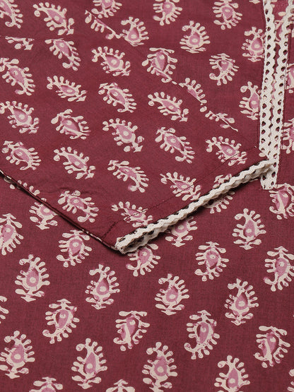 Women's Maroon Cotton Straight Kurta with Pant and Dupatta