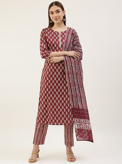 Women's Maroon Cotton Straight Kurta with Pant and Dupatta