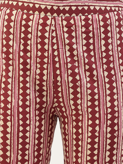 Women's Maroon Cotton Straight Kurta with Pant and Dupatta