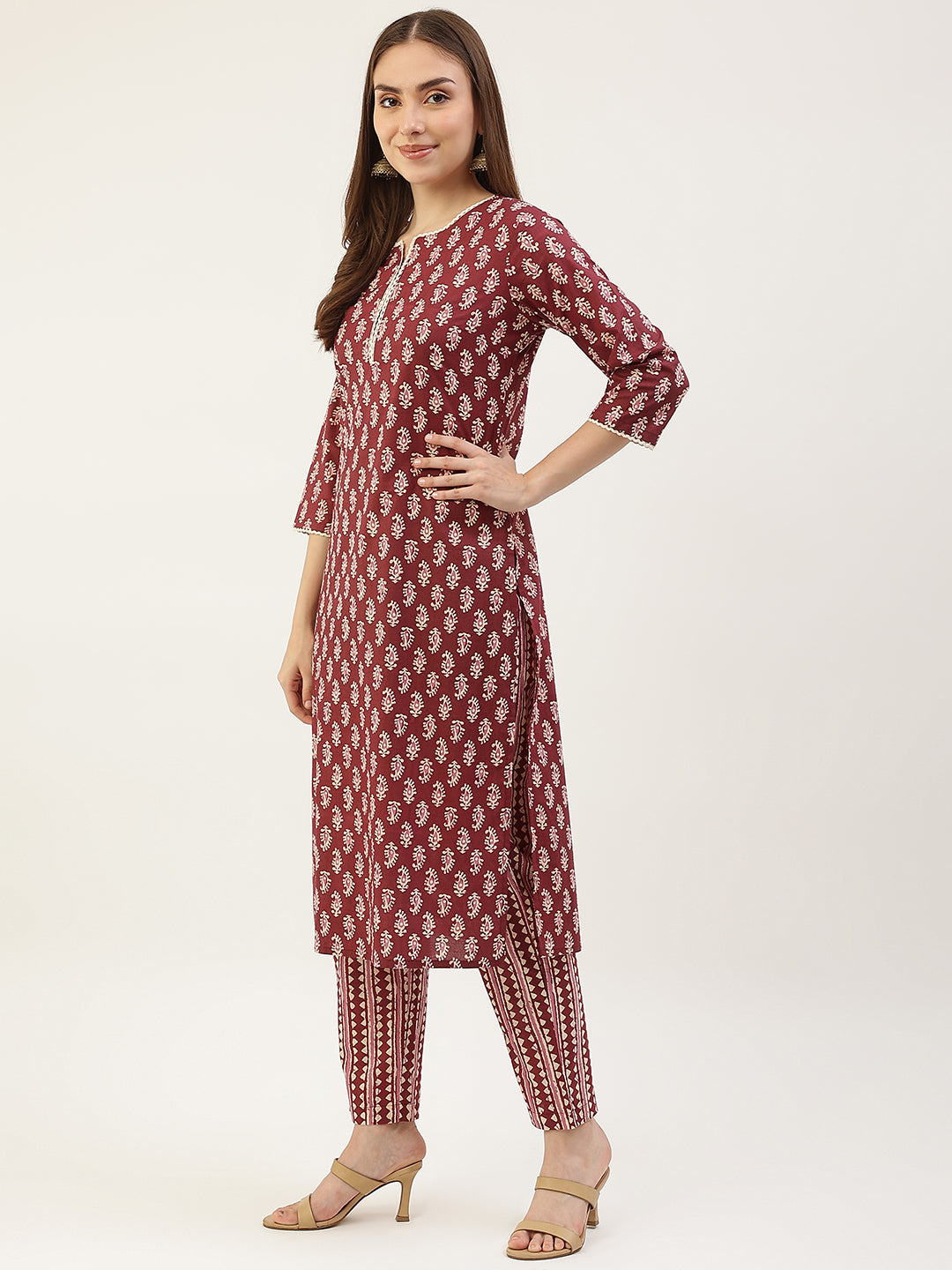 Women's Maroon Cotton Straight Kurta with Pant and Dupatta