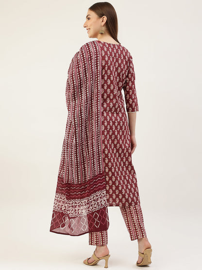 Women's Maroon Cotton Straight Kurta with Pant and Dupatta