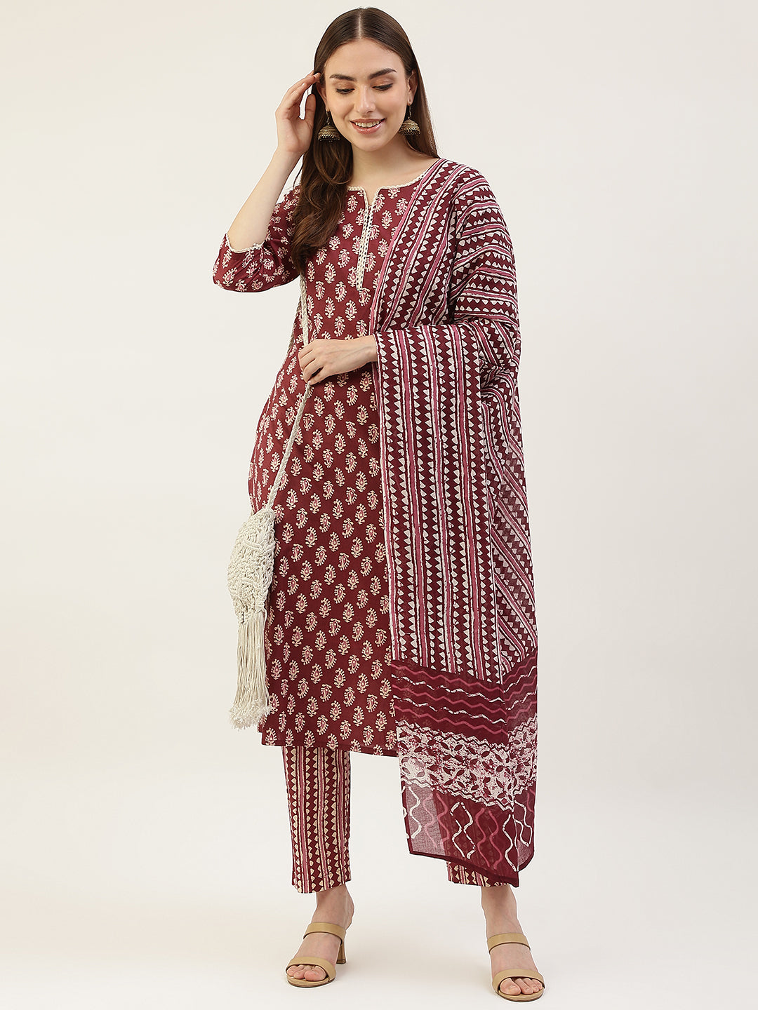 Women's Maroon Cotton Straight Kurta with Pant and Dupatta