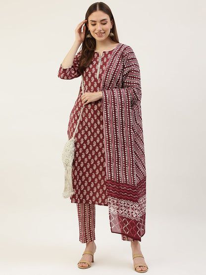 Women's Maroon Cotton Straight Kurta with Pant and Dupatta