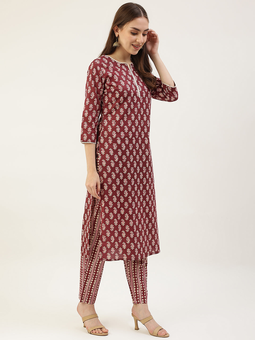 Women's Maroon Cotton Straight Kurta with Pant and Dupatta