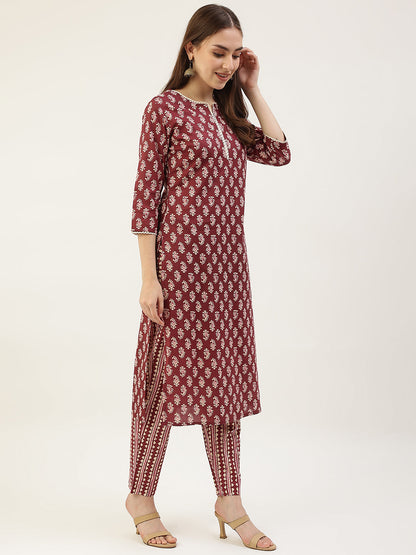 Women's Maroon Cotton Straight Kurta with Pant and Dupatta