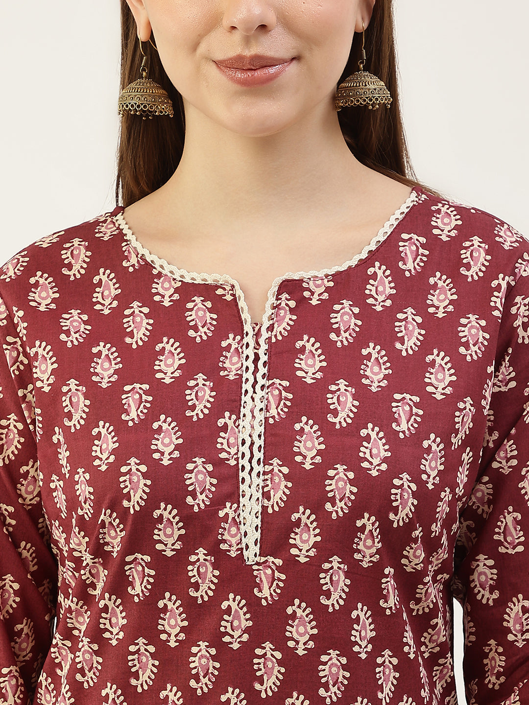 Women's Maroon Cotton Straight Kurta with Pant and Dupatta