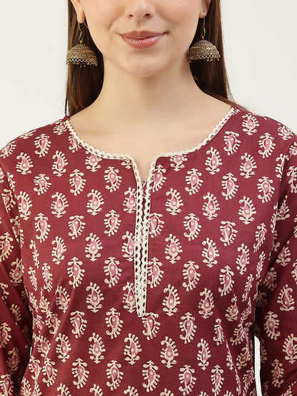 Women's Maroon Cotton Straight Kurta with Pant and Dupatta