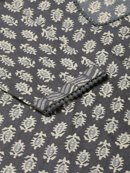 Women's Grey Cotton Straight Kurta with Pant and Dupatta