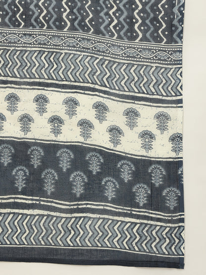 Women's Grey Cotton Straight Kurta with Pant and Dupatta