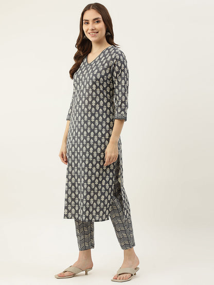 Women's Grey Cotton Straight Kurta with Pant and Dupatta