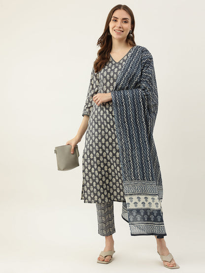 Women's Grey Cotton Straight Kurta with Pant and Dupatta