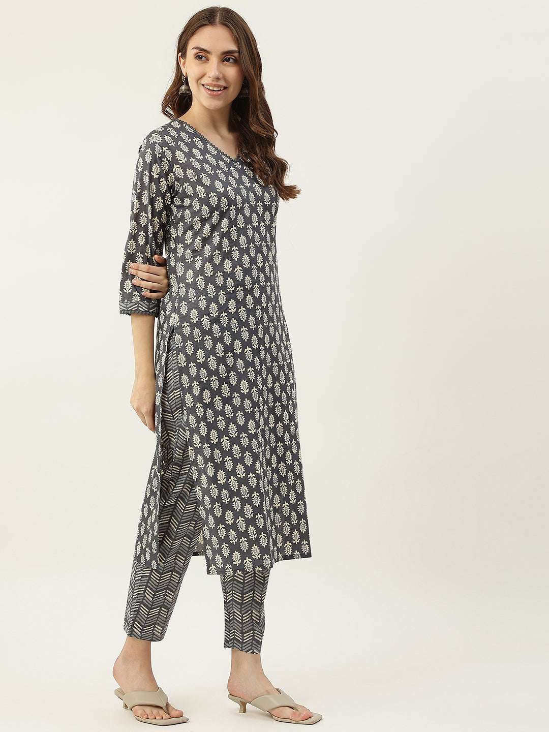 Women's Grey Cotton Straight Kurta with Pant and Dupatta