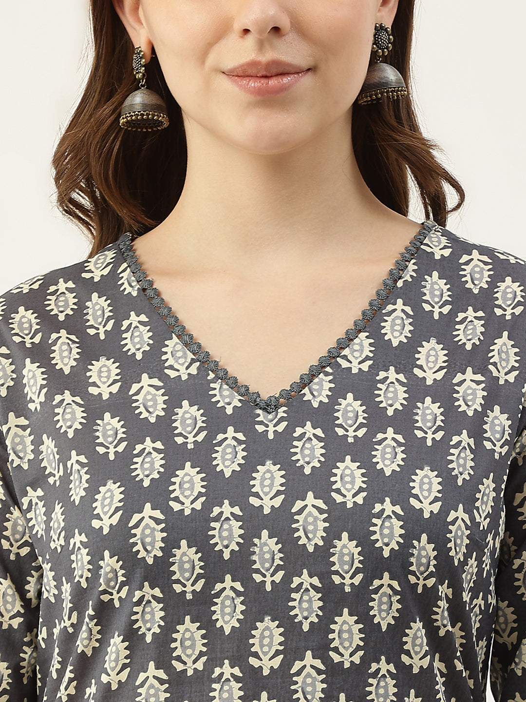Women's Grey Cotton Straight Kurta with Pant and Dupatta