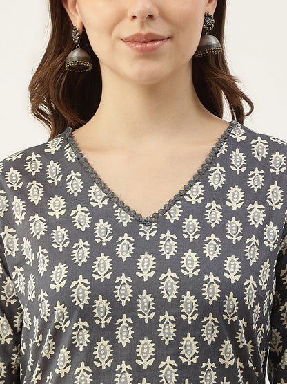 Women's Grey Cotton Straight Kurta with Pant and Dupatta